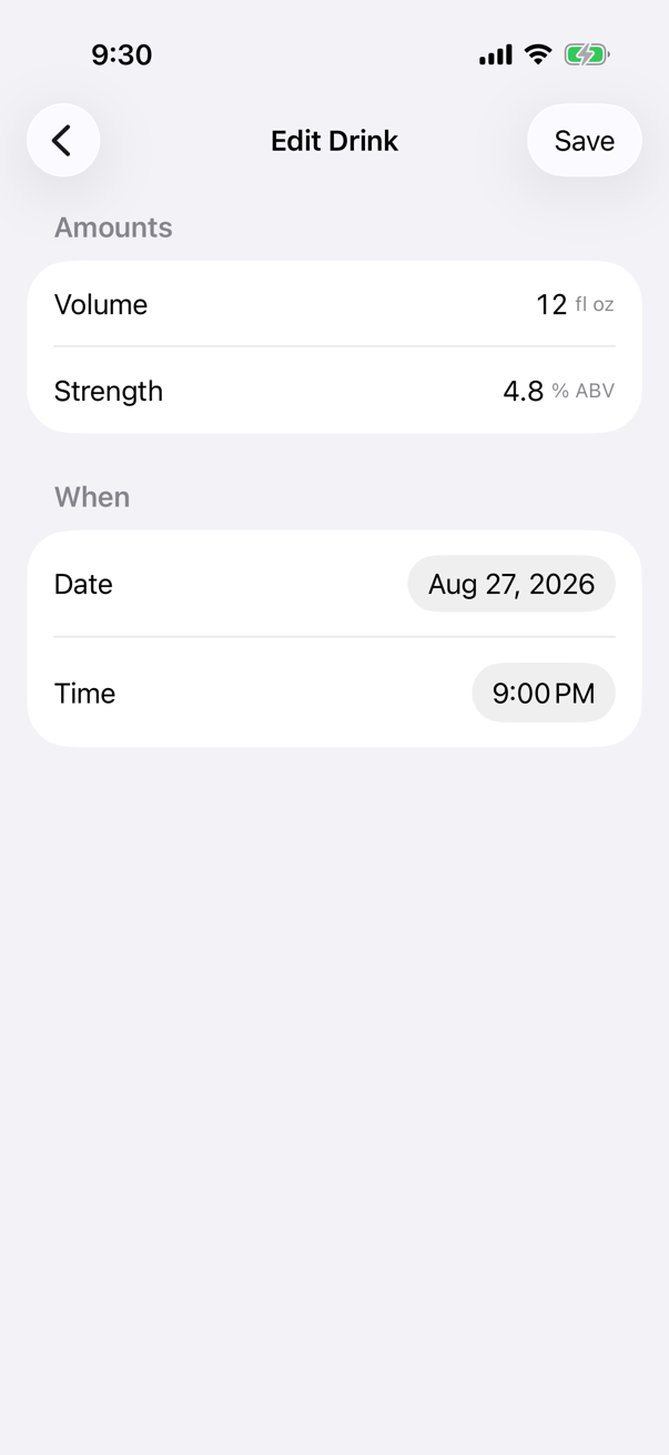 Tempero's edit screen: the Volume, Strength, Date, and Time of an existing drink, with a Save button.