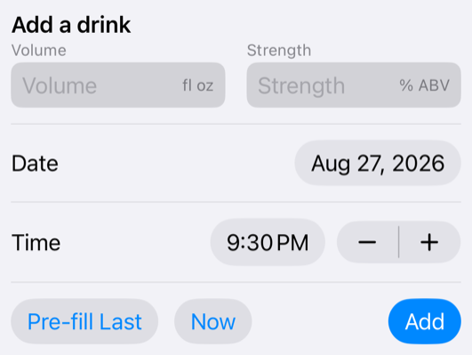 Tempero's entry form: Volume and Strength fields side by side, then Date and Time rows, then the Pre-fill Last, Now and Add buttons.