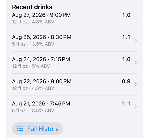 The Recent drinks section on Tempero's main screen: drinks ordered by their dates and times, with a Full History button beneath them.