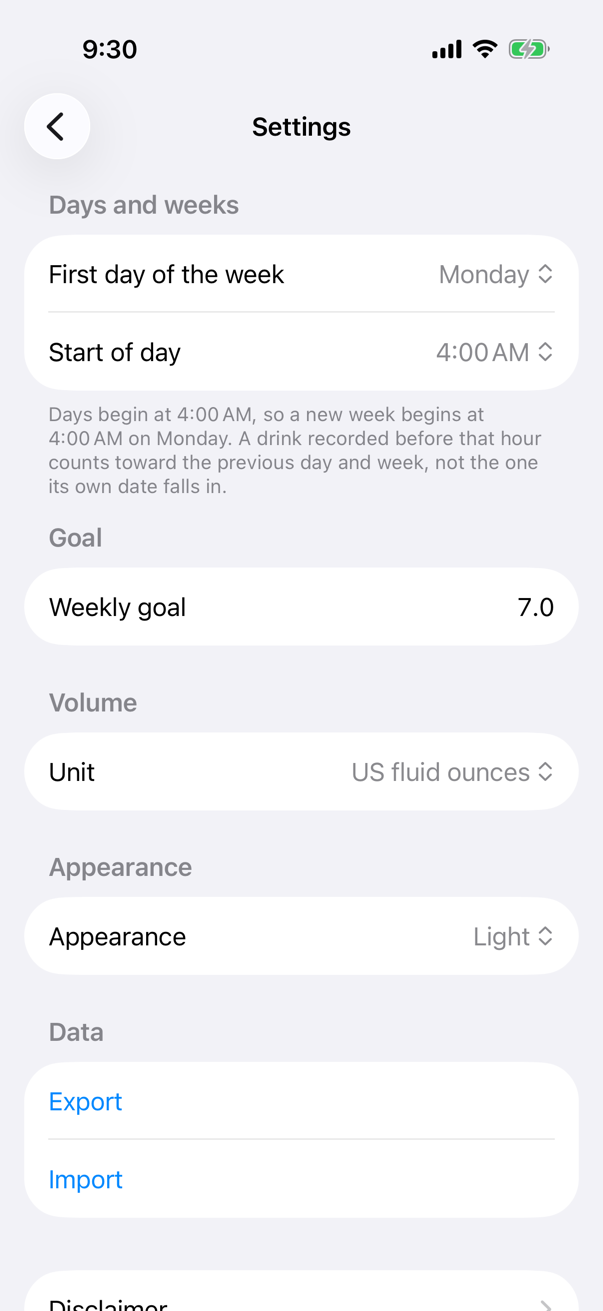 Tempero's Settings screen: first day of the week, start of day, weekly goal, volume unit, appearance, and export and import.